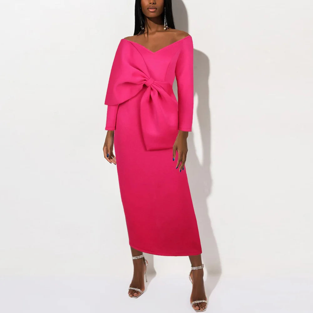 Boutique Gala Hot Selling S-3XL Plus Size Elegant Rose Big Bowtie Off Shoulder Deep V-Neck Wedding Guest Night Prom Party Dresses Women Long Gown Evening Dresses Ladies Apparel Supplies