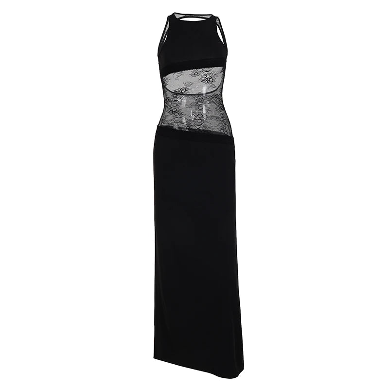NEW Arrivals Crew Neck Sleeveless Sheer Lace at the Waist Hollow Out Asymmetrical Backless Fit Dress Evening Beach Party Night Clubwear Sexy and Elegant Straight Floor-Length Maxi Dress