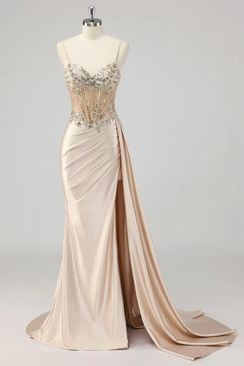 Mother of Bride Luxury Champagne Gold Mermaid Wedding Evening Prom Party Dress Sheer Boned  3D Sequin Embroidery Satin Evening Gown High Slit Lace-Up Back Wedding Guest Red Carpet Celebrities Mermaid Gowns