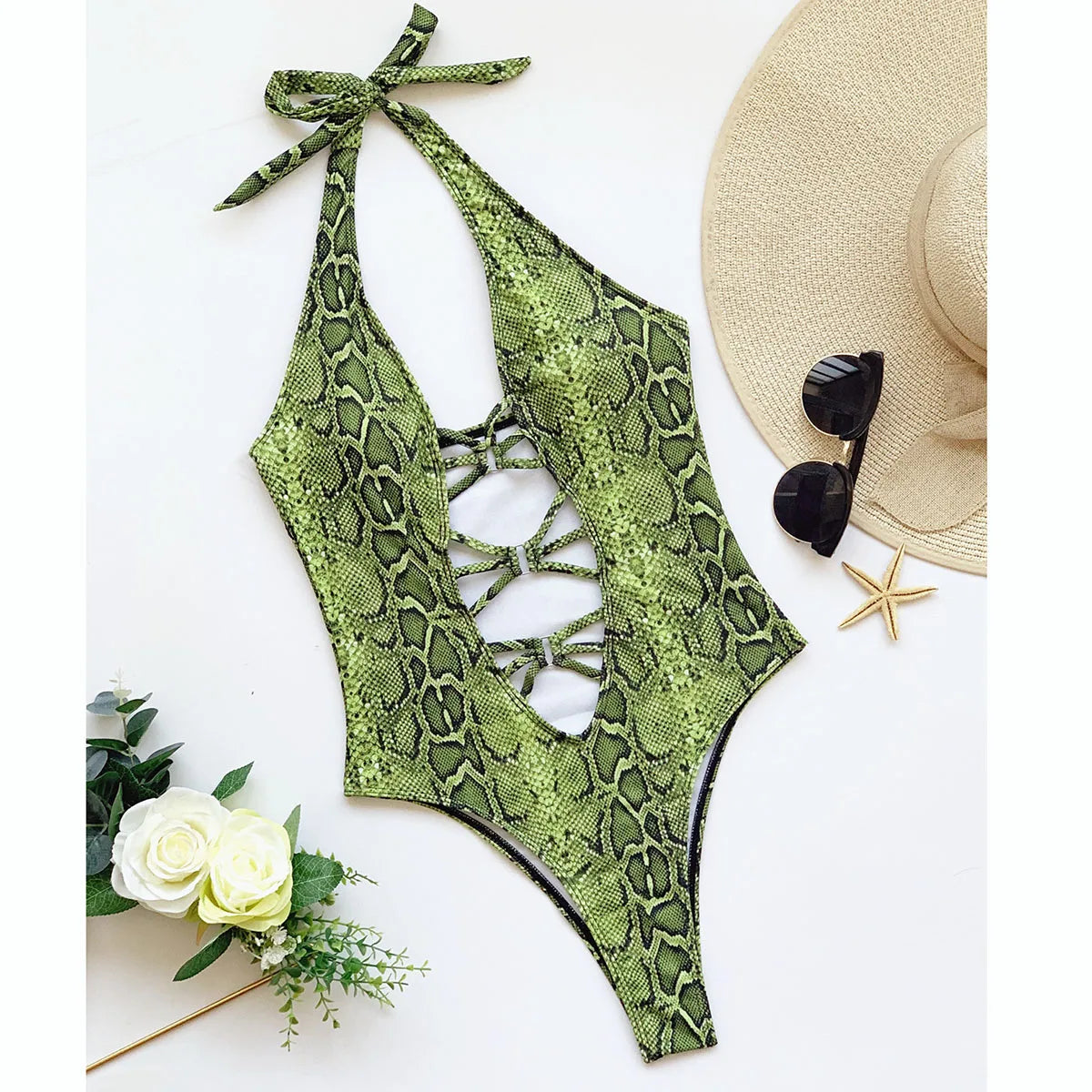 Sexy Women One Piece Swimsuit Female Halter Swimwear Cross Thong Snakeskin Bathing Suit High Waisted Monokini Beachwear