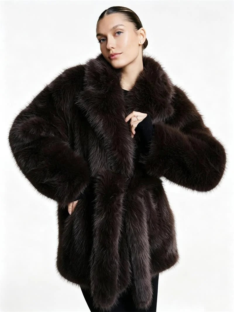 Apricot/Black/Dark Brown Color S-4XL Plus Size Women's Winter Warm  Artificial Fox Fur Coat Oversized Wide Notched Lapel Matching Belted Waist Mid Length Thick Warm Winter Outerwear Jackets Ladies Winter Clothing Supplies
