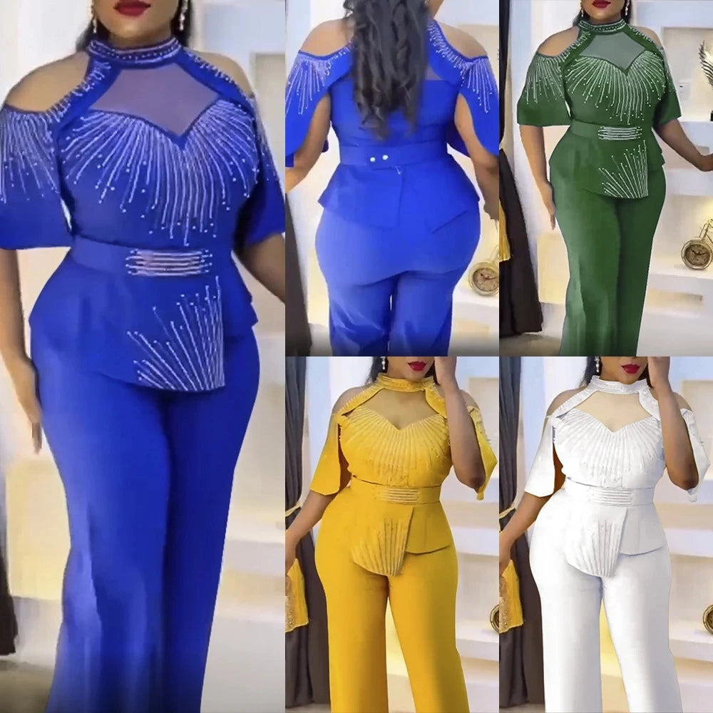 NEW Arrivals 2 Pcs Set 4 Colors African Women Tops and Pants Plus Size Fashion Casual Suit Europe America Suits Elegant Office Lady Clothing for Wedding Guest Birthday Evening Prom Party African Ladies Luxury Apparel Supplies