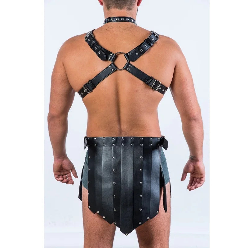 Fetish Men Gay PU Leather Body Sex Harness Gothic Punk Adjustable Rave Costumes Indian Straw Skirt For BDSM Bondage Clubwear