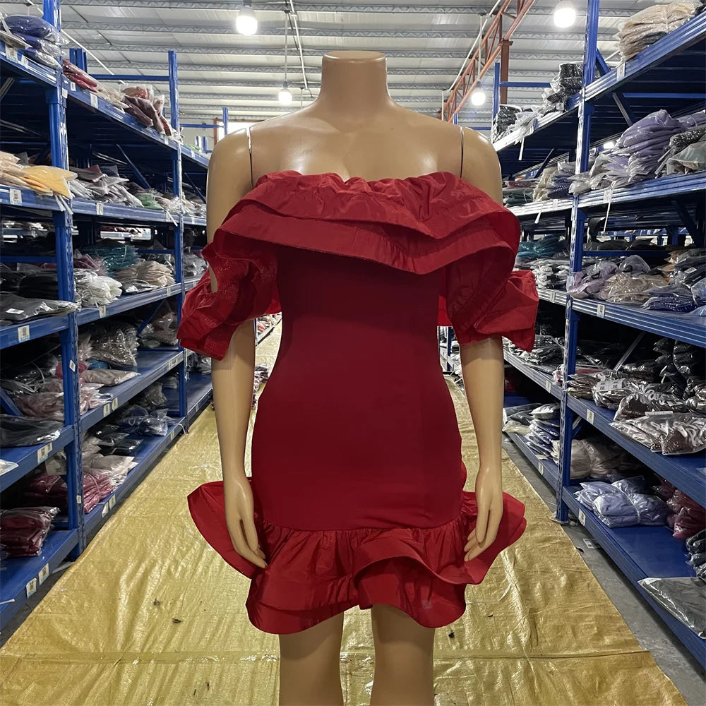 S-2XL Black/Red Color Autumn Spring Chic Mini Prom Dress Elegant Lady Off Shoulder Ball Gown Ruffle Edge for Evening Party Night Clubwear Mini Dress