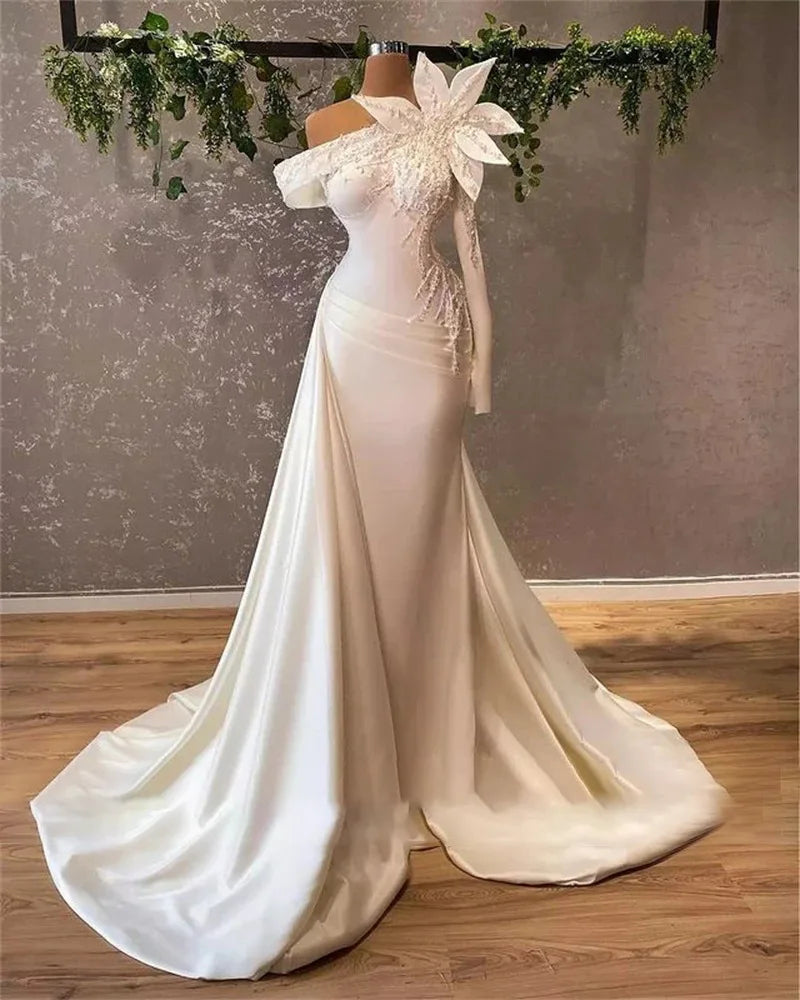 Low Price Sales are Limited Boutique HOT SALE  Luxury Beaded Illusion Bride Wedding Dresses  One Shoulder Bridal Wedding Gowns Lace Detachable Train Long