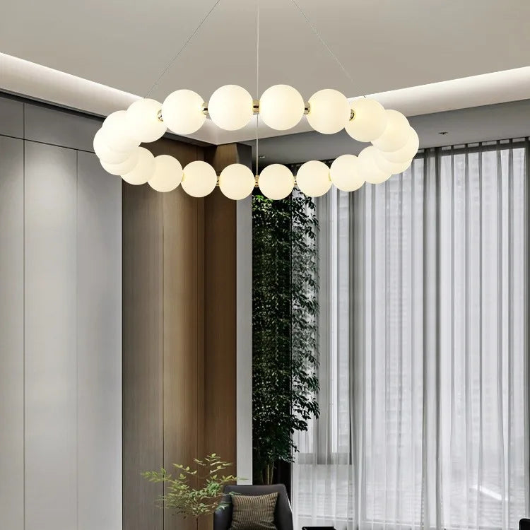 Home Living Room D23.6in French Magic Bean Acrylic Balls Chandelier Art Pearl Necklace Design Ring Pendant Lamp Living Dining Room White Light Home Lighting Supplies
