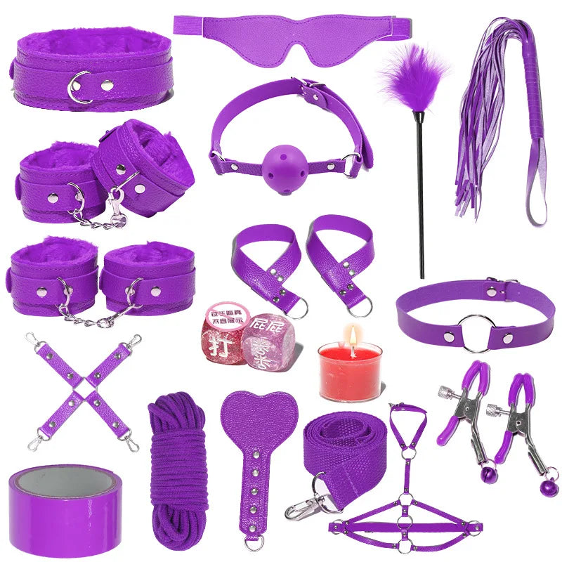 18 PCS Set 4 Colors BDSM  Fetish Sex Party Binding Handcuffs Leather Whip Anal Plug Adult Couples Intercourse Sex Toys Sex Play Tools Set
