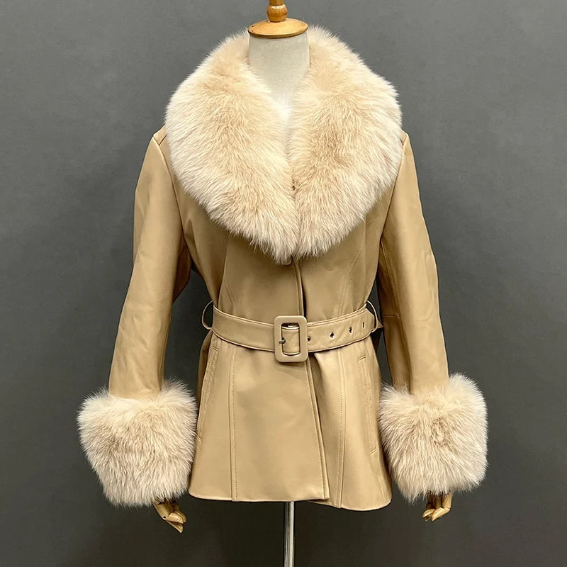 Boutique Gala HOT SALE ( Few Units Left) 8 Colors S-2XL Women's Top Quality Belted Black Real Sheepskin Leather Fur Coat Women Leather Jacket With Genuine Natural Fox Fur Collar Cuffs Ladies Winter Warm Outerwear Luxury Appar