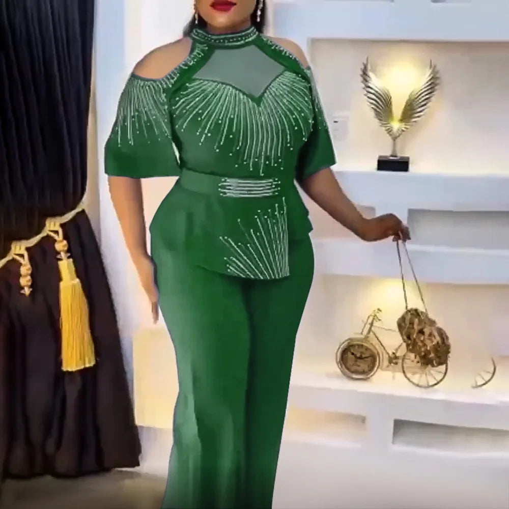 NEW Arrivals 2 Pcs Set 4 Colors African Women Tops and Pants Plus Size Fashion Casual Suit Europe America Suits Elegant Office Lady Clothing for Wedding Guest Birthday Evening Prom Party African Ladies Luxury Apparel Supplies