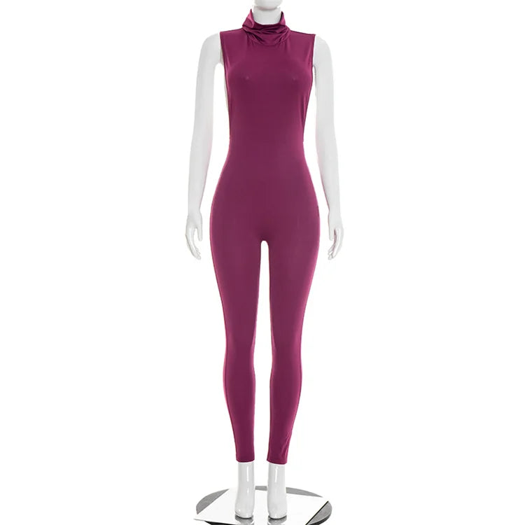 NEW Arrivals Black/Purple/Apricot Color Spring  Summer Women's Sexy Backless Tight Jumpsuit Women Hipster Sexy Turtleneck Backless Skinny One Piece Romper