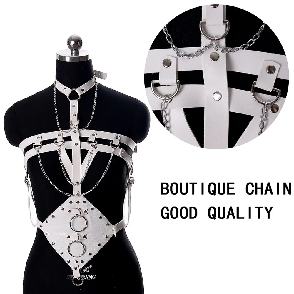 NEW Gothic White Leather Full Body Harness Bra Cage Punk Waist Pole Party Dance Rave Strap Bondage Garter Belt Adjust Size Sexy Lingerie Fashion Clothing Supplies