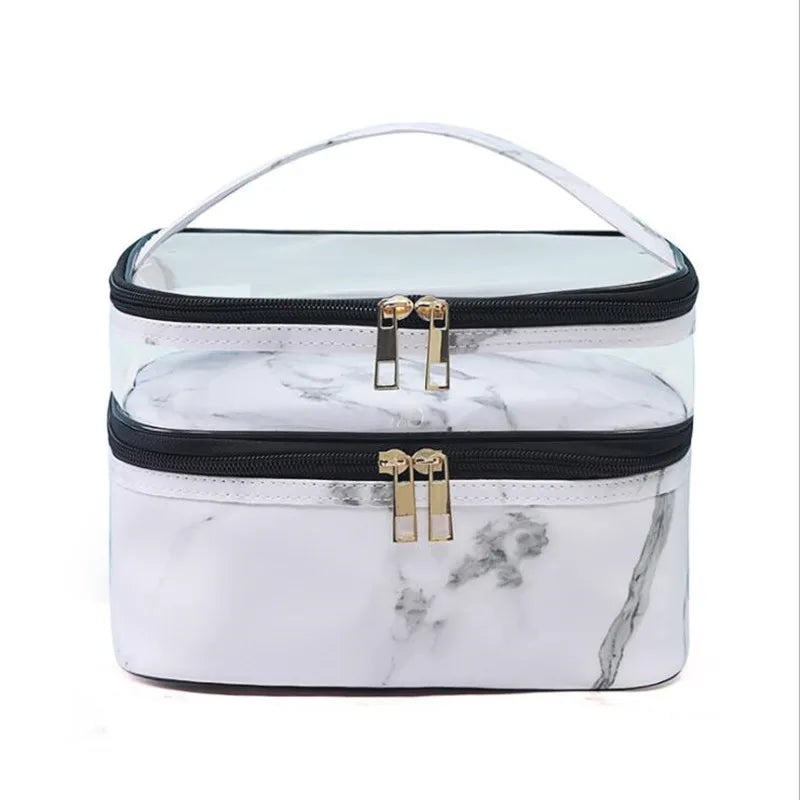 Luxury Black/White/Leopard Large Capacity Makeup Bag For Women Transparent PVC Double Layer Storage Wash Cosmetic Bag Waterproof Organizer Toiletry Cases Products Cosmetic Accessories Supplies