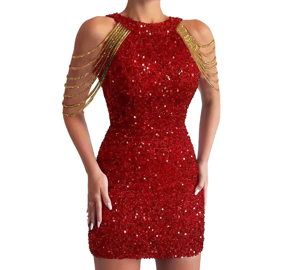 S-2XL 7 Colors European American New Women's Eco-Friendly Sexy Colorful Diamonds Crystal Sequin Mini Ball Gown Backless Halter Neck Tassel Slim Hip Evening Party Dress Ladies Sexy Apparel Supplies