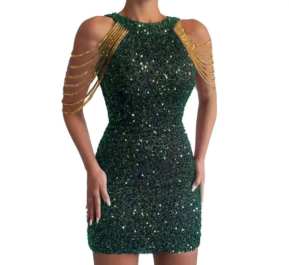 S-2XL 7 Colors European American New Women's Eco-Friendly Sexy Colorful Diamonds Crystal Sequin Mini Ball Gown Backless Halter Neck Tassel Slim Hip Evening Party Dress Ladies Sexy Apparel Supplies