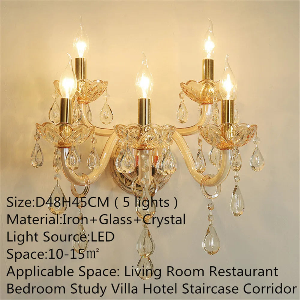 Villa Home Luxury European 3/5 Lights Champagne Crystal Candle Wall Lamp for Bedroom Corridor Villa Hotel Staircase Decor Lighting