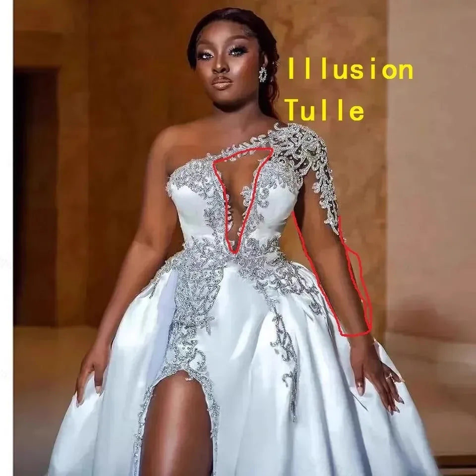 Boutique HOT SALE African Appliques One Shoulder Luxury  Wedding Dresses a Line Sexy Side Slit Bride Gowns Elegant Formal Woman's Wedding Dress Customized Bridal Gowns Women Luxury Apparel Supplies