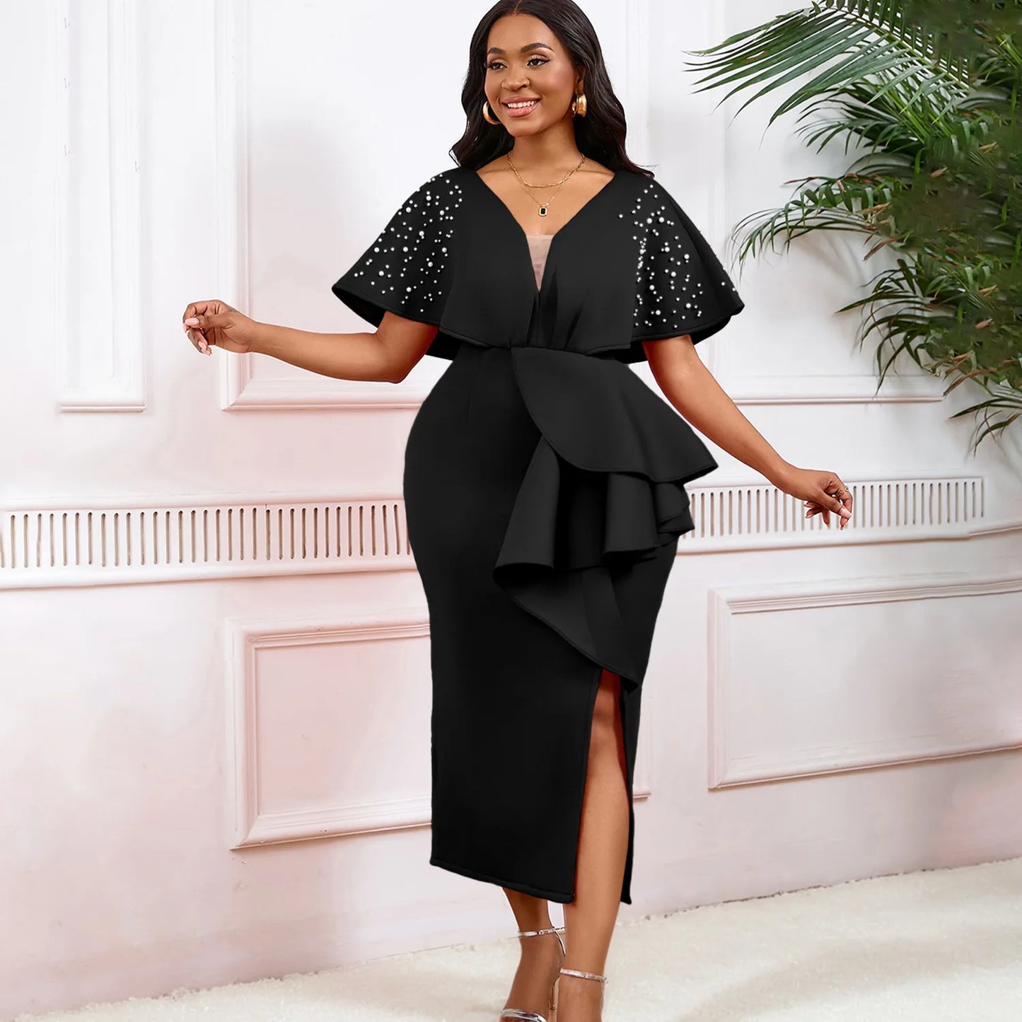 S-3XL Plus Size Women's Latest Design Spring Autumn Summer Sexy Fashion Evening Party Dress Women Sexy V-Neck Ruffle Split Beaded Elegant Evening Dresses Ladies Clothing Supplies
