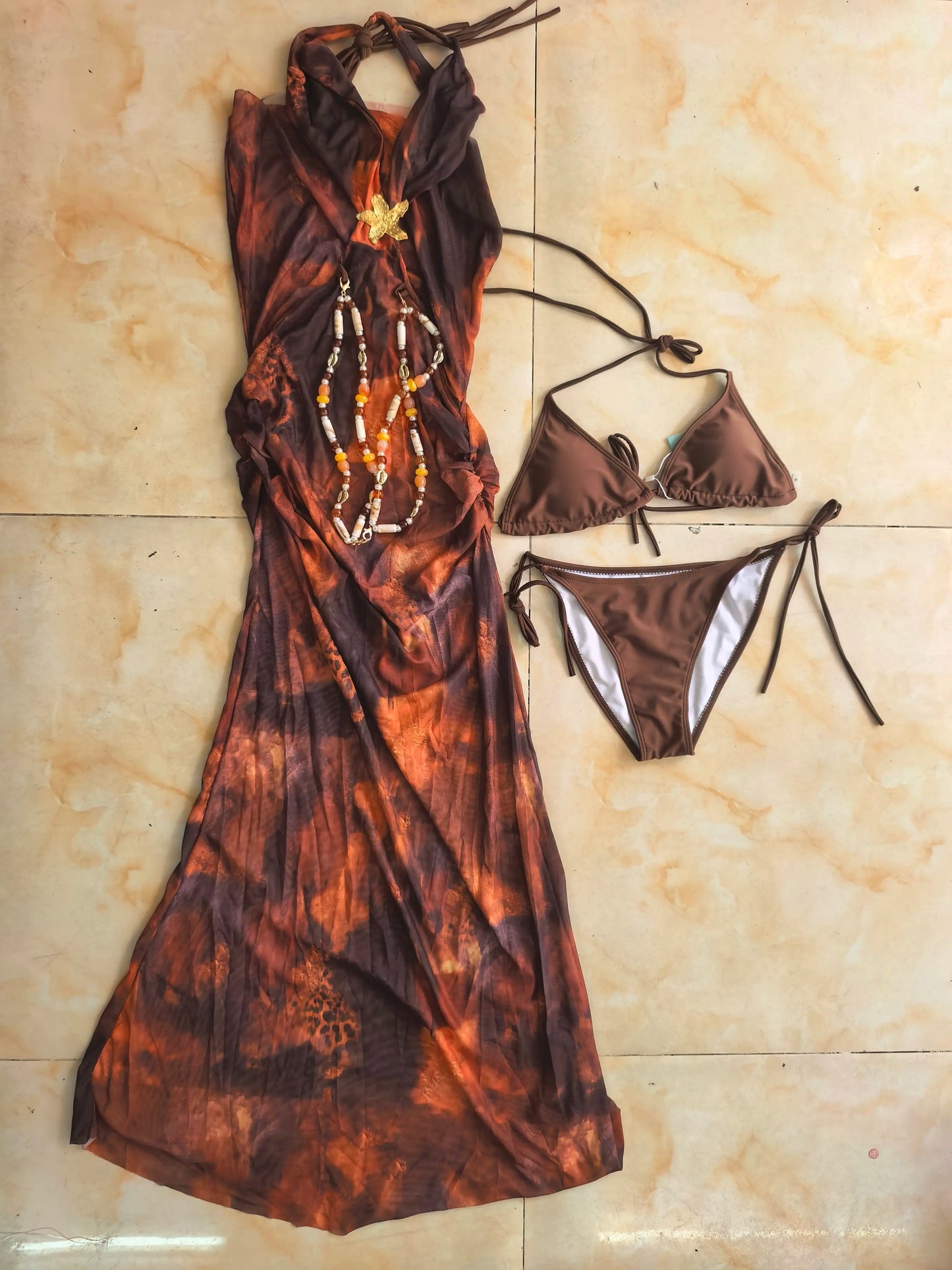 3 PCS Set Print Chains Women Sexy Swimwear Ties Details Modest Bikini and Cover Ups Maxi Dress Set Slim Fit Beachwear  S-L Women's Summer Swimming Pool Beach Bathing Apparel Suits Clothing Supplies.