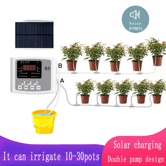 NEW Arrivals Garden Drip Irrigation Device Double Pump Controller Timer System, Solar Energy Intelligent Automatic Watering Device for Plants Trees Flowers Garden Watering Accessories