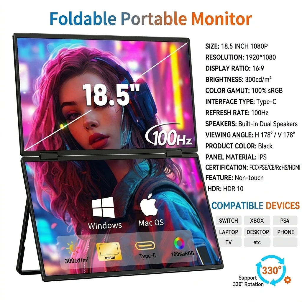 Double Screen 18.5" 100hz Portable Monitor 330' Rotary All Metal Housing External Screen Plug & Play for Windows Mac Laptop Mobile Switch Xbox for Office Business Home Electronic Supplies
