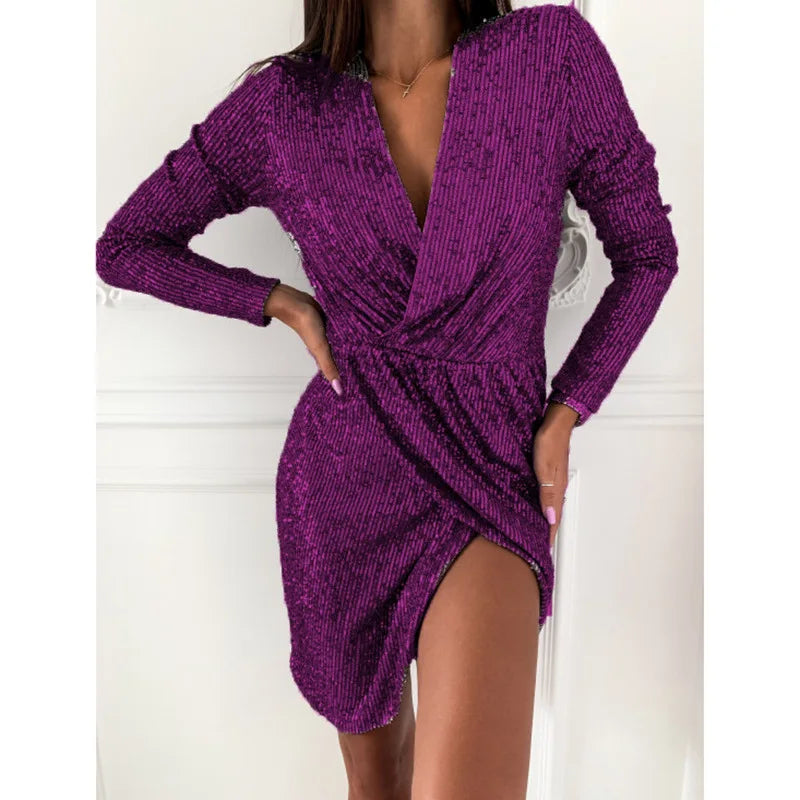 10 Colors S-3XL Plus Size Golden Silver Glitter Luxury Dresses for Women Deep V-Neck Sequin Mini Bodycon Dress Four Seasons Long Sleeve Evening Party Dress Night Clubwear Prom Gowns
