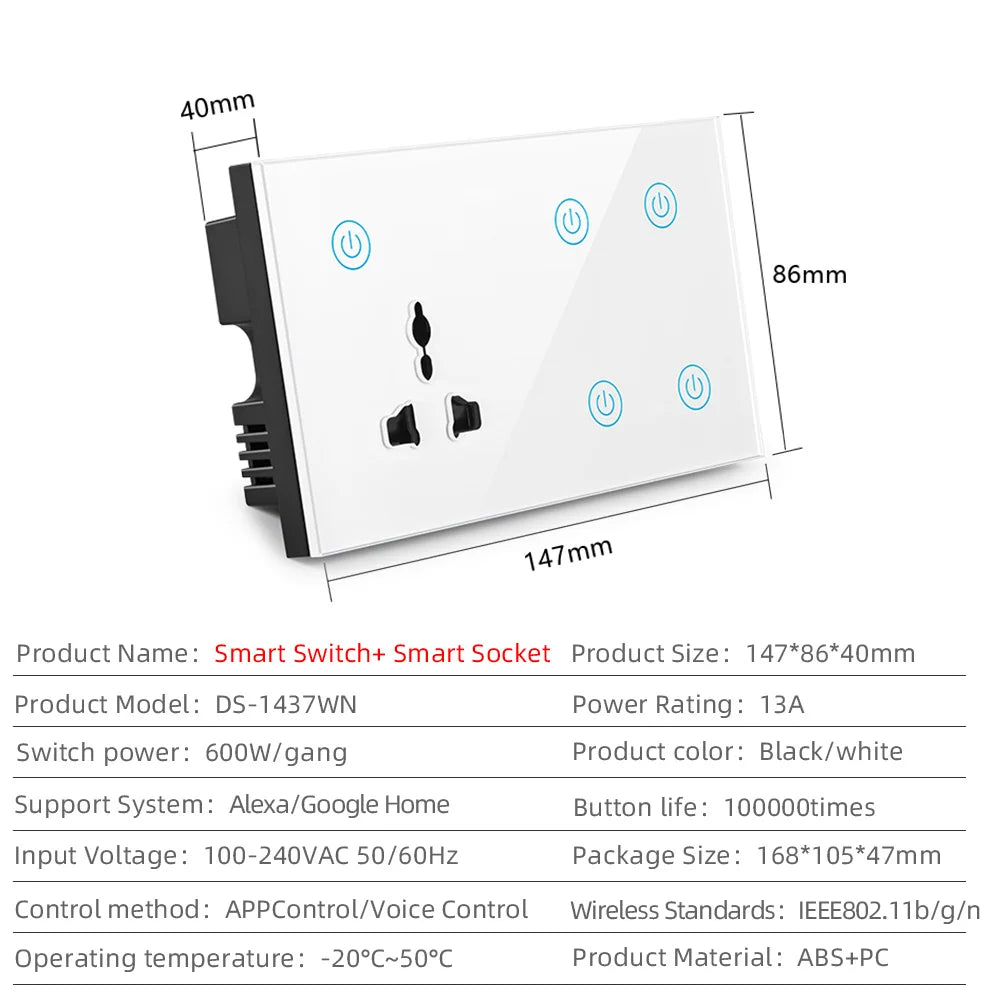 Smart WI-FI 4Gang Black/White Color Socket Touch Switch With 3Pn Electrical Multi Function Wall Mounted with Alexa Voice Google Work Home Lighting Supplies