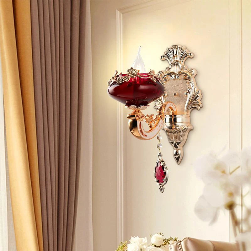 Villa Home Luxury European Red Crystal Wall Lamp Luxury Living Room Bedroom Bedside Lamp Background Wall Corridor Villa Hotel Lighting