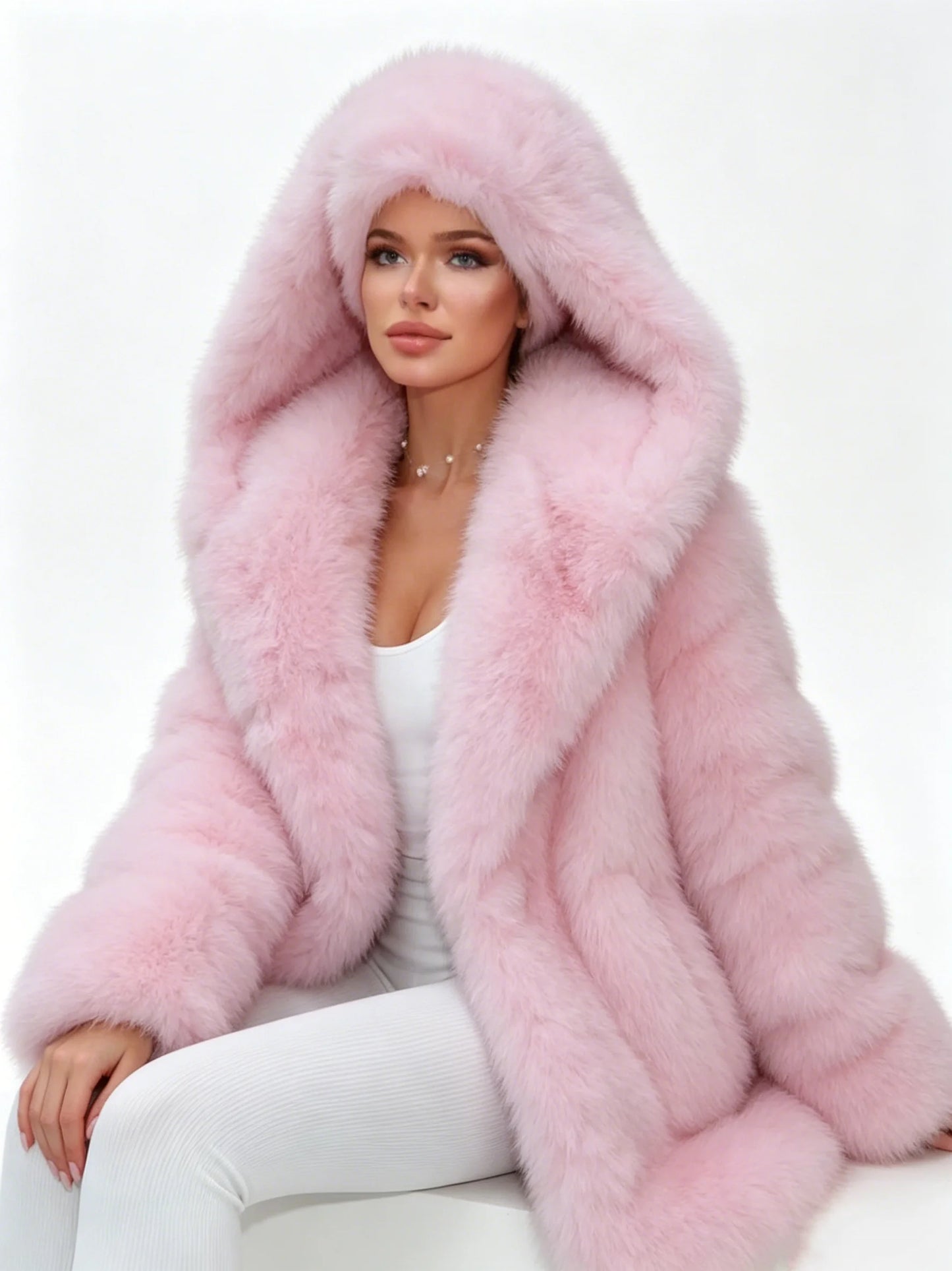 S-4XL Plus Size Women's Short Pink Faux Fox Fur Coat Hooded Winter Warm Thick Fluffy Artificial Fur Jacket Ladies Fashion Winter Coat Snow Boots Outerwear Jackets Women Winter Apparel Supplies