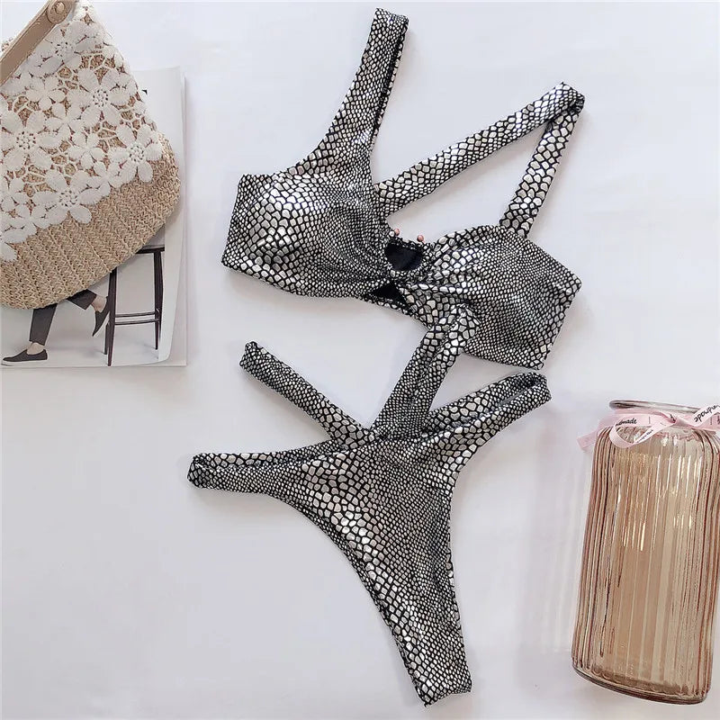 NEW Arrivals Silver/Pink/Gold Asymmetric Shiny Snake Skin Thong Bikini Female Swimsuit Women Swimwear Two Pieces Bikini set High Cut Bather Bathing Suit Swim Girls Ladies Beach Wear