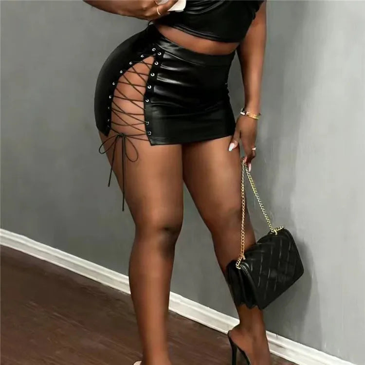 NEW Arrivals Hot Women Side Lace-Up Sexy PU Leather Skirt Autumn Spring Summer Fashion High Waist Sexy Skinny Mini Skirts Night Clubwear Evening Rave Party Women Sexy Apparel Supplies