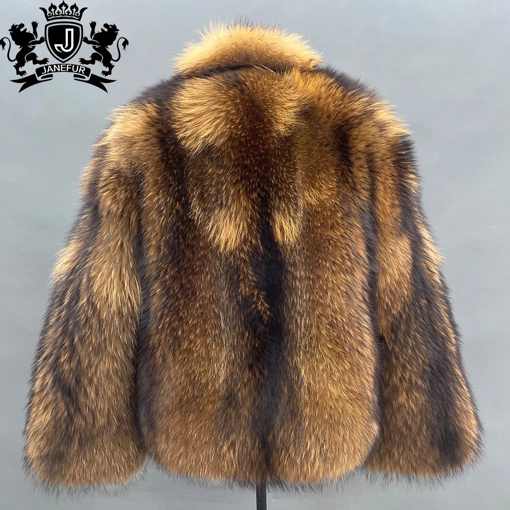 Boutique Gala HOT SALE (Few Units Left) NEW Arrivals Men's Luxury 100% Real Raccoon Fur Jacket with Turndown Collar Wildness Raccoon Fur Coat Christmas Gift for Husband Lover Boyfriend  Outerwear Jacket Gentleman Winter Appar
