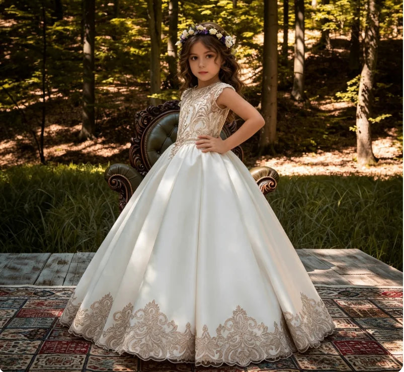 Ivory/Pink Color Girls Children Elegant Champagne Gold Lace Applique Girls Bridesmaid Wedding Party Dress First Communion Gown Ball Gown Kids Evening Birthday Wear Fille Luxury Gown