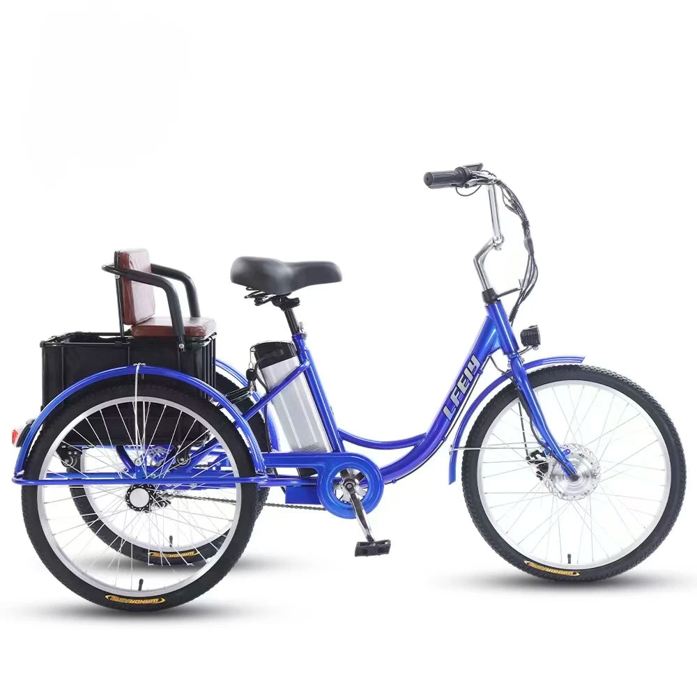 7 Speed Gears Max Speed 25Km Electric Cargo Tricycle Blue/White/Black Color Adult Utility Bike Three Wheel Delivery Bicycle Rear Carrier Storage Box Lithium Disc Pedal-Assist 3 Hours Charging Electric Bicycle