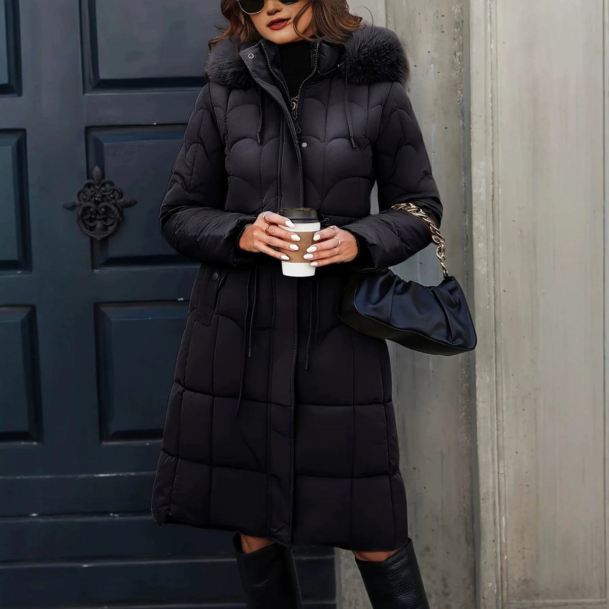 NEW Arrivals S-2XL 3 Colors Women Long Cotton Padded Windbreaker Coat Trendy Big Faux Fur Hood Drawstring Waist Thick Warm Winter Outerwear Jackets Women Clothing Supplies