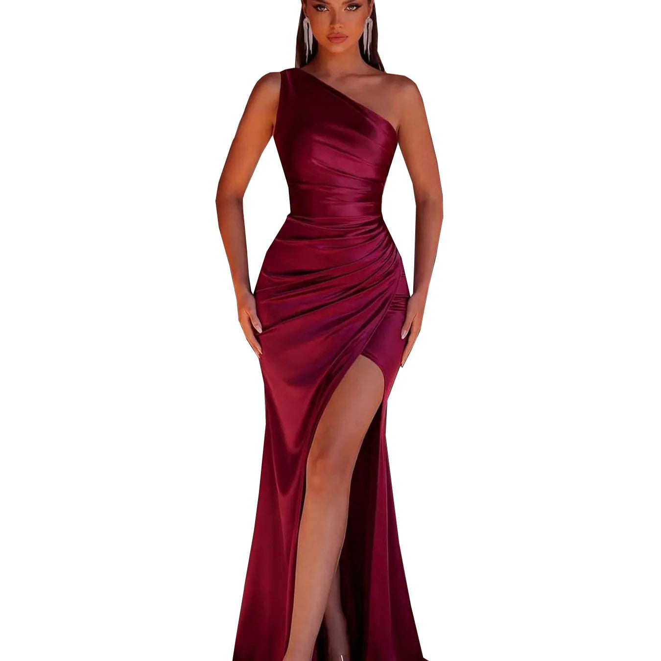 Women S-2XL Sexy One-Shoulder Pleated Satin Bodycon Sheath Summer Spring Luxury Dress Elegant Chic Split Gown with Zipper Evening Party Gowns Ladies Apparel Supplies