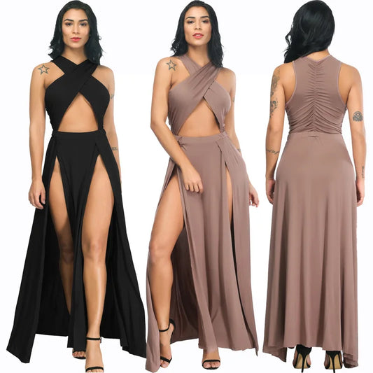NEW Arrivals M-3XL Plus Size Sexy Cross Strap Off Shoulder Solid Color Split Black Long Dress Summer Women Asymmetrical Evening Beach 
 Party Night Club Dress