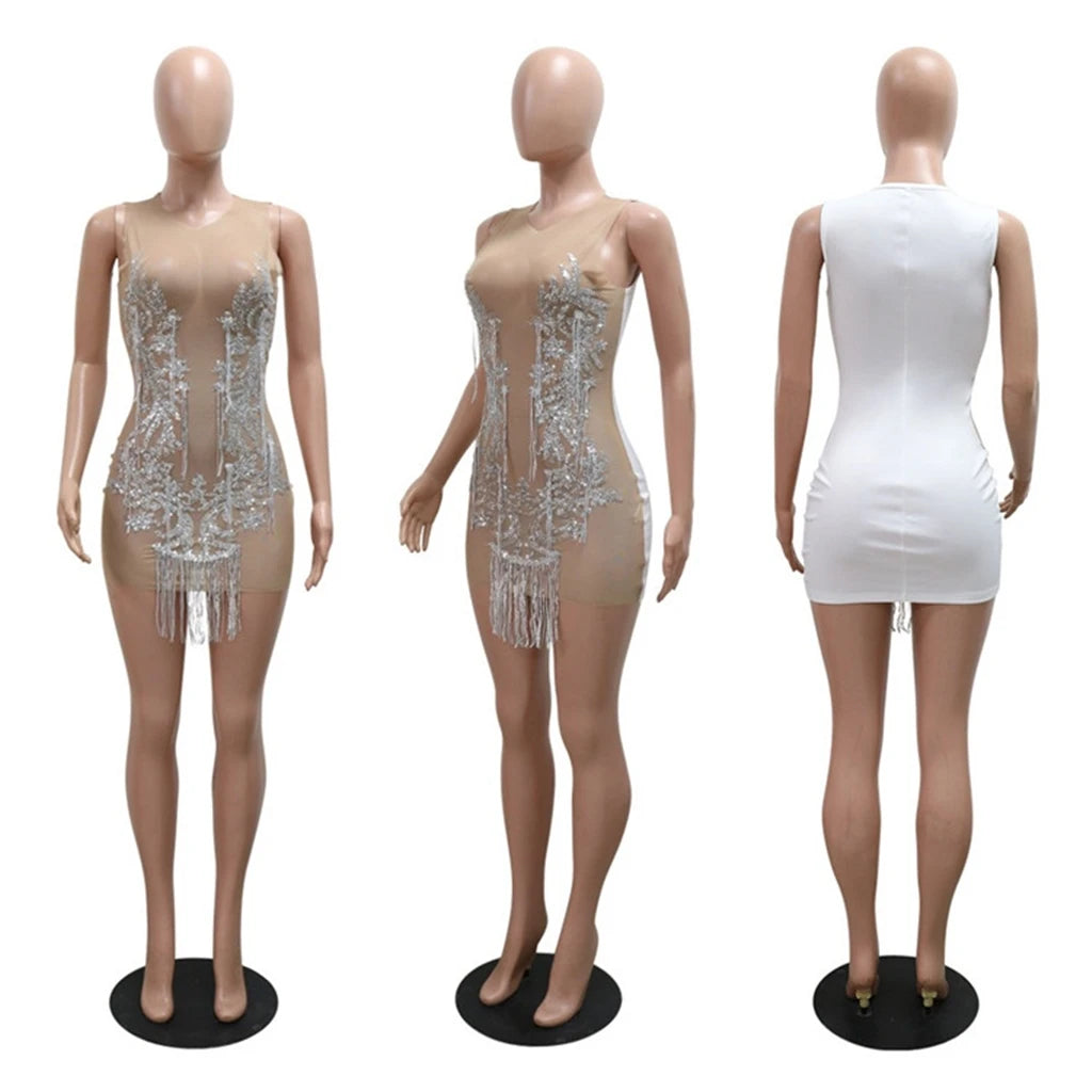 S-2XL Black/White Color Women Sexy Hot  O-Neck Sequined Tassel Mini Dress Sleeveless Mesh See Through Sexy Pencil Dresses Evening Party Night Clubwear Prom Sexy Gowns