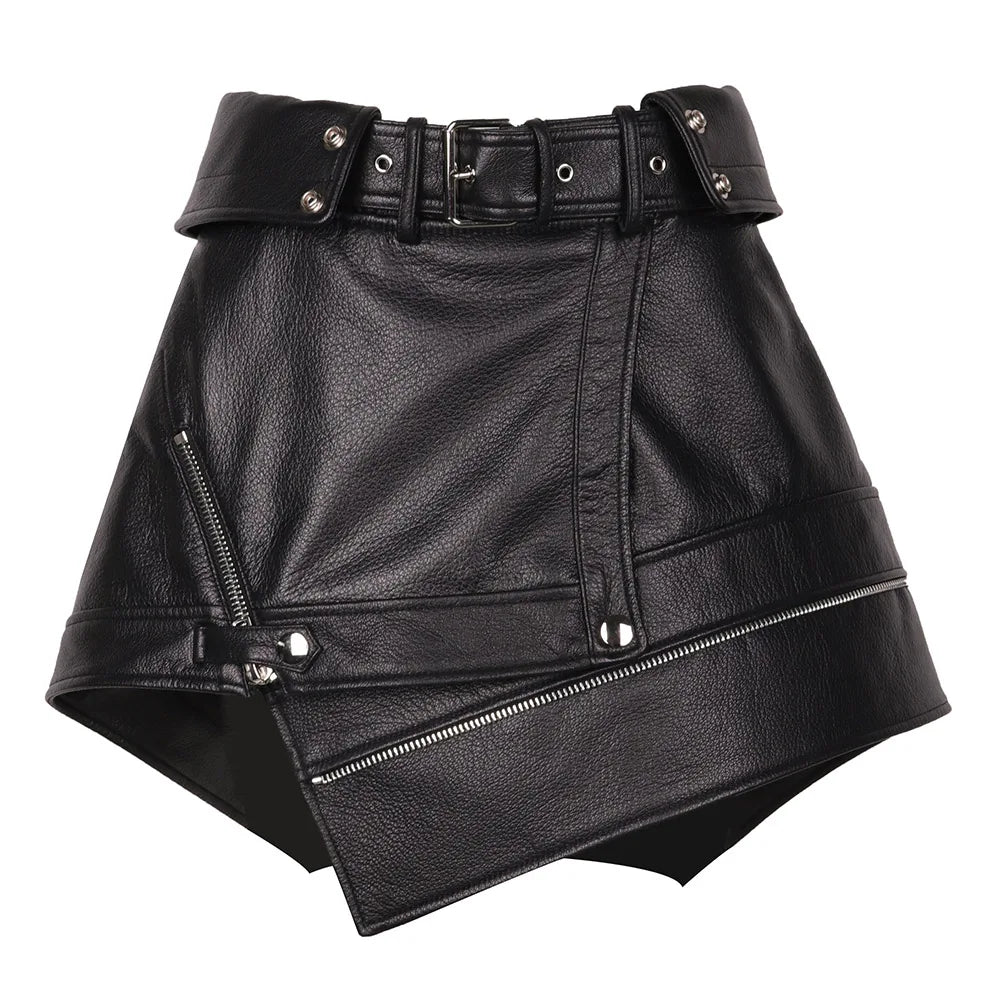 100% Sheepskin Real Genuine Leather Asymmetrical Mini Skirt Black/Burgundy/Pink Color S-3XL Plus Size Fitted Leather Skirt with Belt Women's Real Leather Skirt Autumn Spring Women Luxury Apparel Accessories