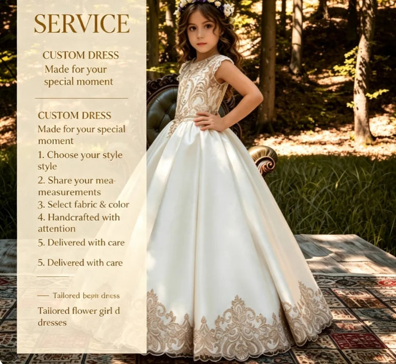 Ivory/Pink Color Girls Children Elegant Champagne Gold Lace Applique Girls Bridesmaid Wedding Party Dress First Communion Gown Ball Gown Kids Evening Birthday Wear Fille Luxury Gown