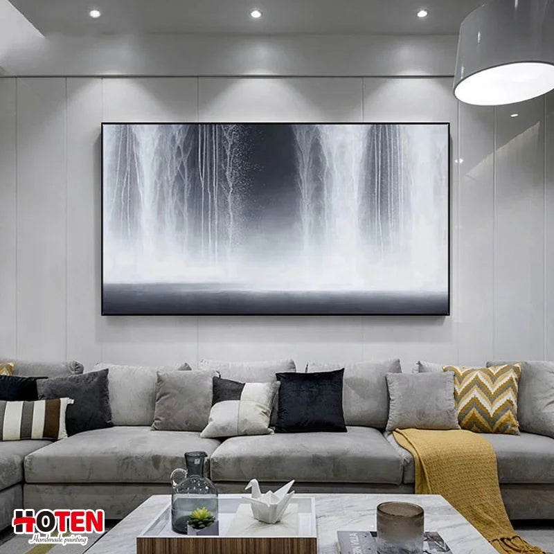 100+% Pure Hand-Painted Home Villa Living Room Original Black and White Abstract Waterfall Oil Painting on Canvas Banner Elegant Seascape Decorative Art Creative Home Gallery Products