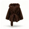 White/Dark Brown/Black Color S-3XL Plus Size Women Top Quality Hooded Artificial Fur Jacket Oversized Fur Collar Belted Waist Winter Warm Fluffy Mid-Length Coats Women's Faux Fur Coats Women Winter Apparel Supplies