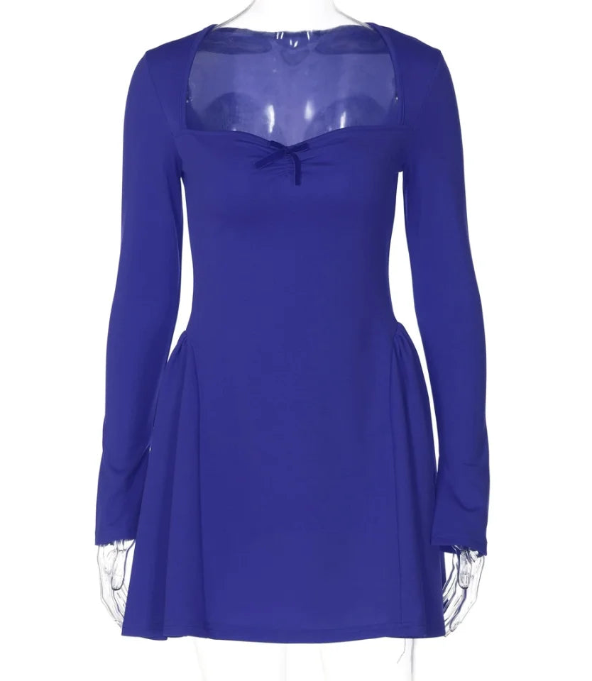 New Fashion 8 Colors Autumn Spring  Sexy Elegant Long Sleeves Evening Party Night Clubwear  Ruched Women Clothes Solid Mini Dresses