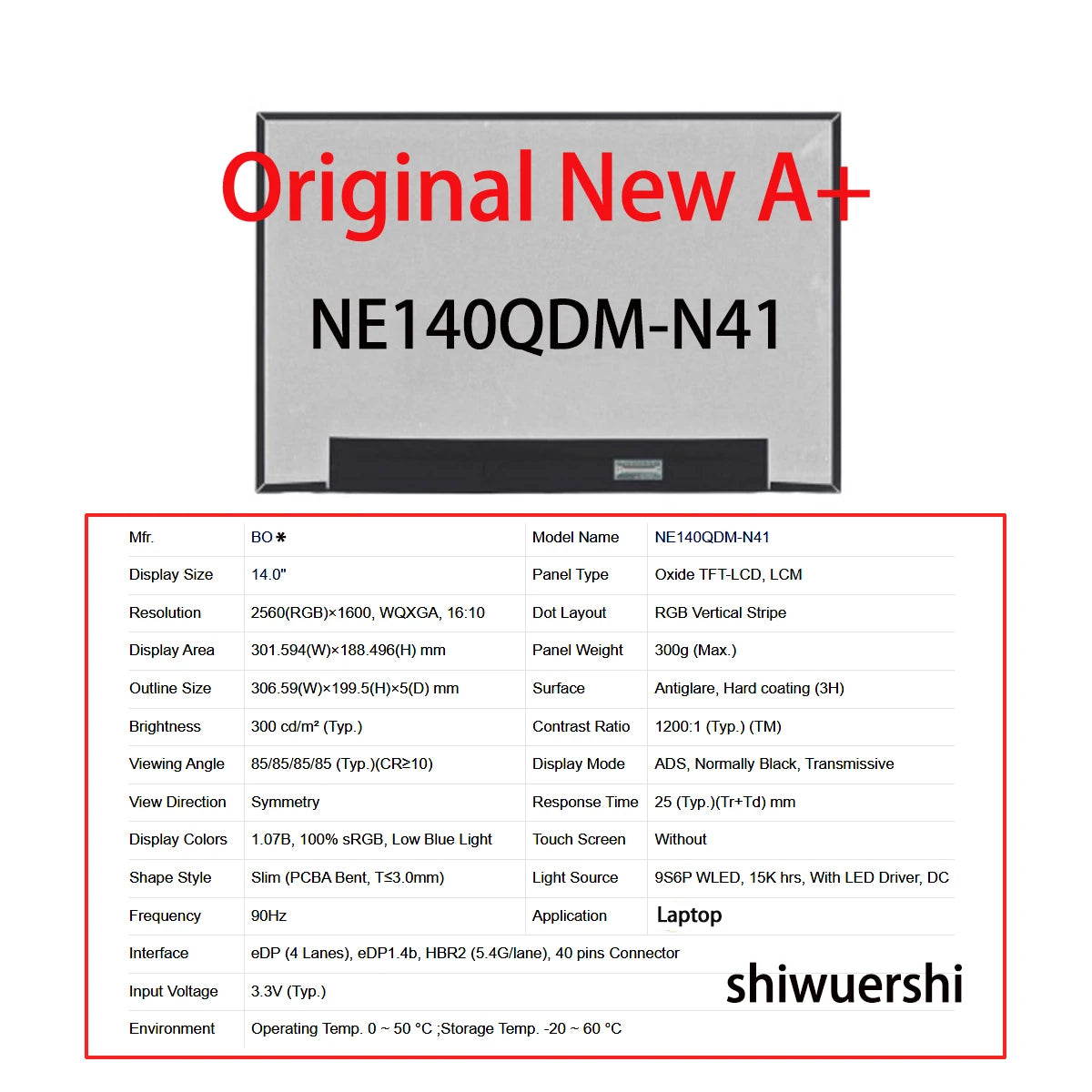 NEW 14 Inch LCD Screen Panel 2560*1600 EDP 40pins Replacement NE140QDM NX2 N41 N42 NX1 NX3 NX4 NX5 NX6 NX7 NY1 NY2 NY3 Computer Accessories