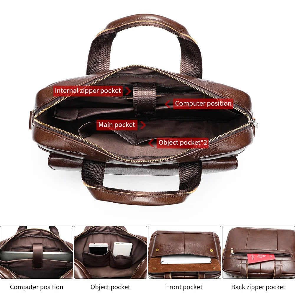 Real Leather Top Quality Vintage Waterproof Genuine Leather Business Office Briefcase Men's 14 Inch Laptop Messenger Bag