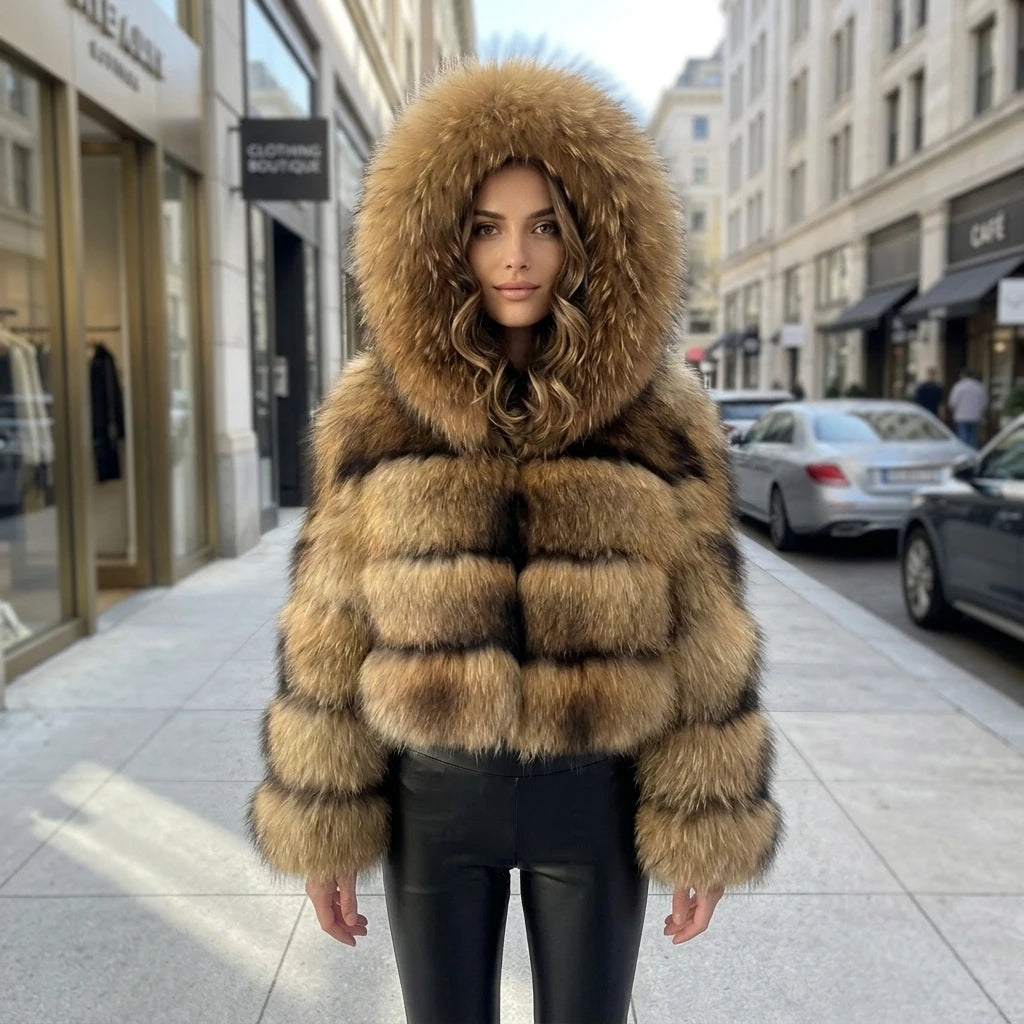 Just Arrived S-3XL Plus Size  New Style 100% Real Raccoon Fur Hooded Long Sleeves Winter Warm Coat Women Real Fur Snow Boots Outerwear Jacket Natural Raccoon Fur Coat Ladies Luxury Apparel Supplies