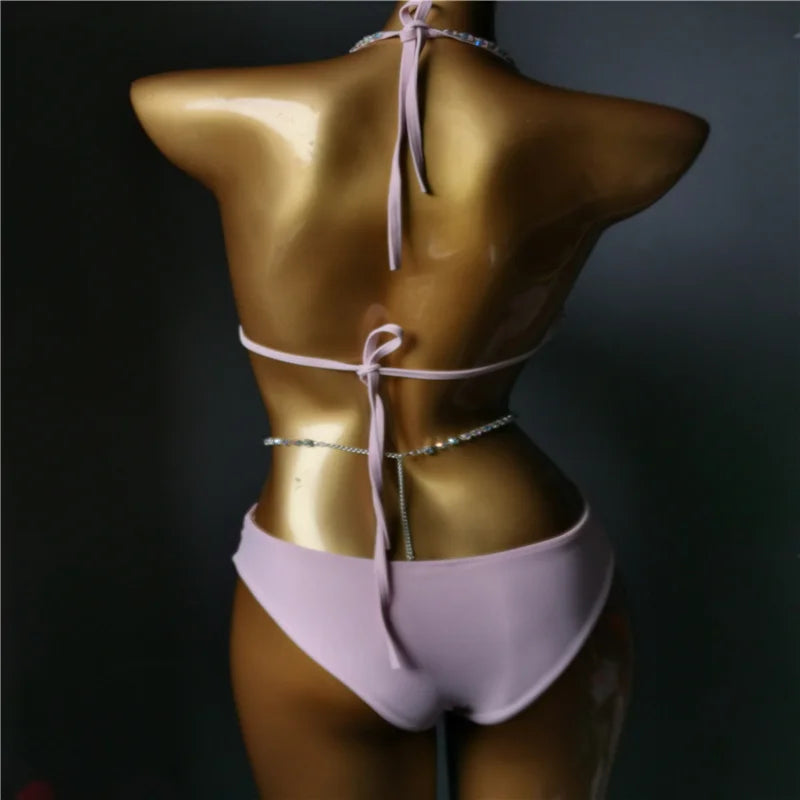 NEW!!!! Latest Design High Quality Sexy Girl Rhinestones Pink Bikini Bling Luxury Swimwear