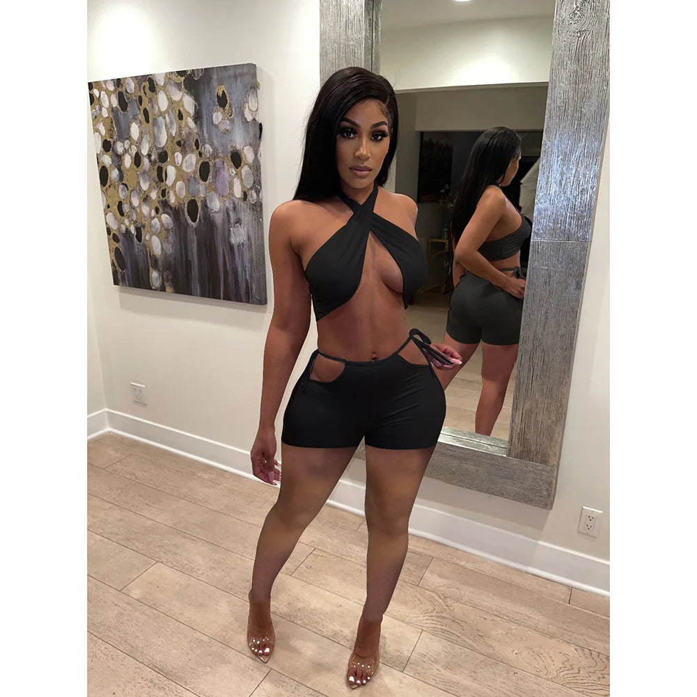 NEW Arrivals 2PCS Set 9 Colors Women Sexy Ruched Bandage Criss Cross Solid Hot Women Spring Summer Backless Evening Beach Party Night Club Crop Top and Shorts Matching Set