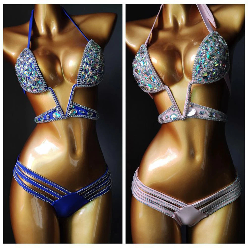 6 Color Luxury Bikini Set Women Bling Diamond Carnival Bra Crop Top Crystal Panties Rave Festival Outfit Club Wear