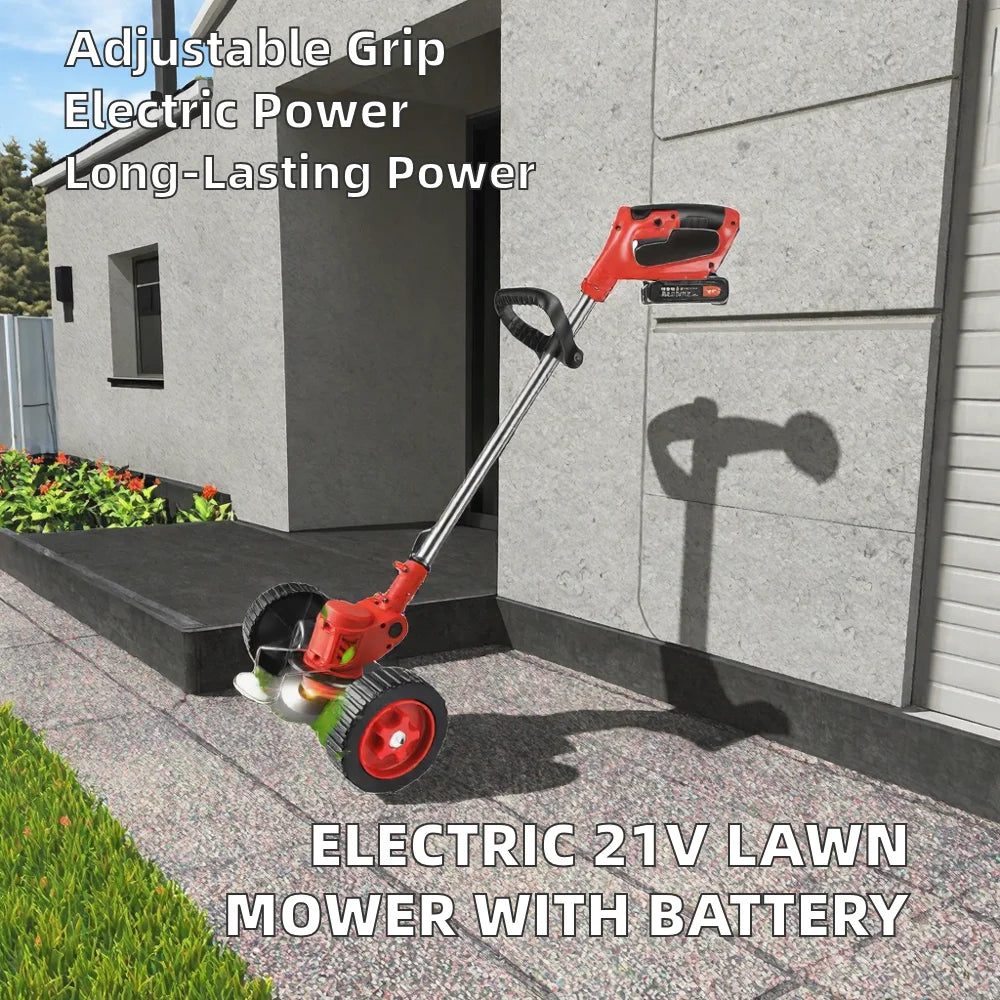 NEW Arrivals 21V 125cc Electric Lawn Mower 650W 30-60min Lithium Battery Rechargeable 18 Cutting Width Small Household Handheld with Wheels Weeding Cutter Home Gardening Supplies