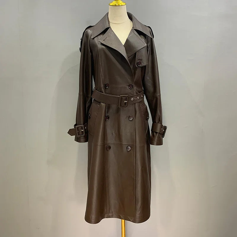 Boutique Gala HOT SALE Dark Brown/White/Black Color Winter Luxury Long Women Genuine Sheep Leather Jacket Women Trench Coat Office Lady Business Evening Party Outerwear Coats Ladies Luxury Apparel Supplies